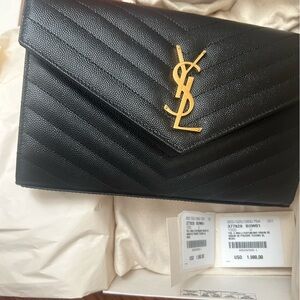 YSL CLASSIC CASSANDRE CHAIN WALLET IN GRAIN DE POUDRE LEATHER BLACK -AUTHENTIC